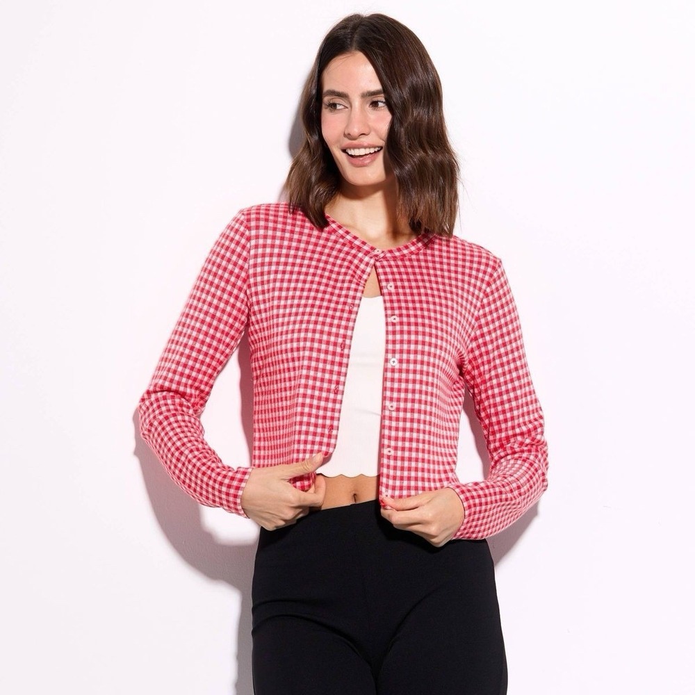 Wild Fable NWT Gingham Cropped Cardigan Sweater Small Red & White Button Down